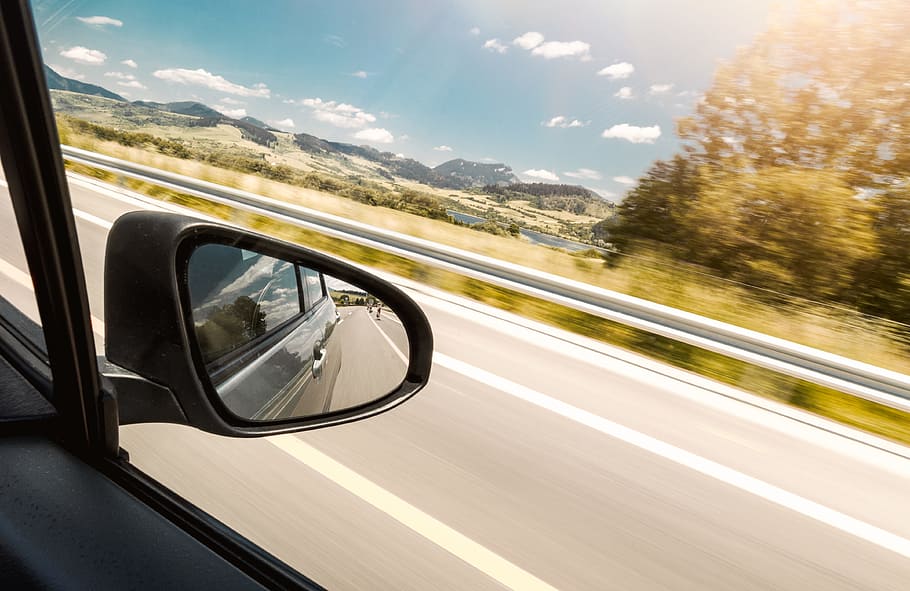 auto, viaggio, viaggiare, specchietto, paesaggio